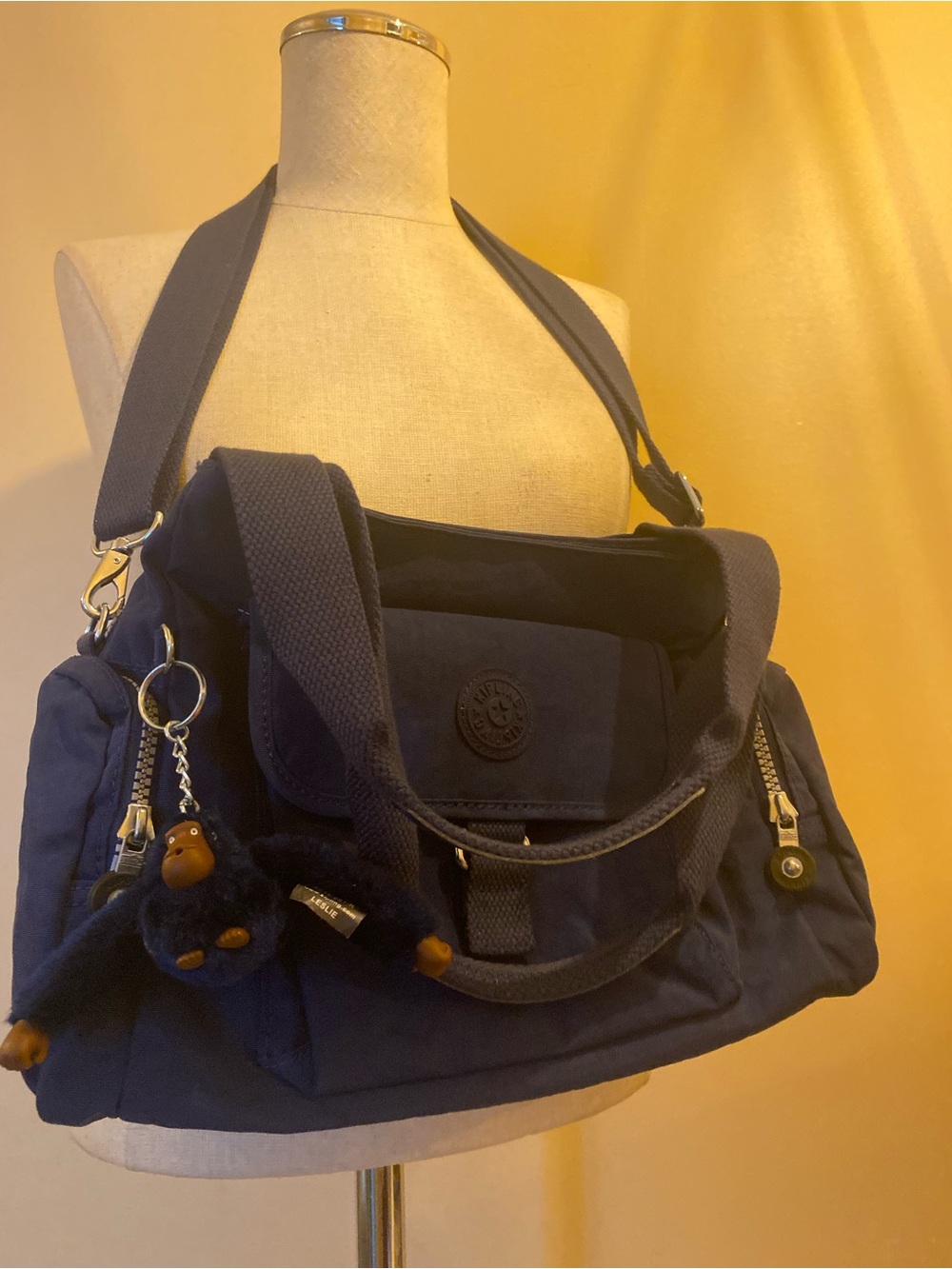 Kipling Navy Canvas Shoulder Bag with Monkey Keychain